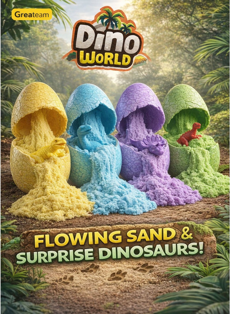 Greateam Dino World Great Sand Eggs Set of 12 PCS 118-120G Flowing Kinetic Sand with 1 Surprise Dinosaur Figure Inside Each Egg 4 Colors (Blue Purple Green Yellow) Boron Free EN71 Certified Safe Sensory Stretchy Sand Toy for Kids Boys & Girls Ages 3+ Educational Learning Gift Party Favors Collectible Dino Figures - Image 5